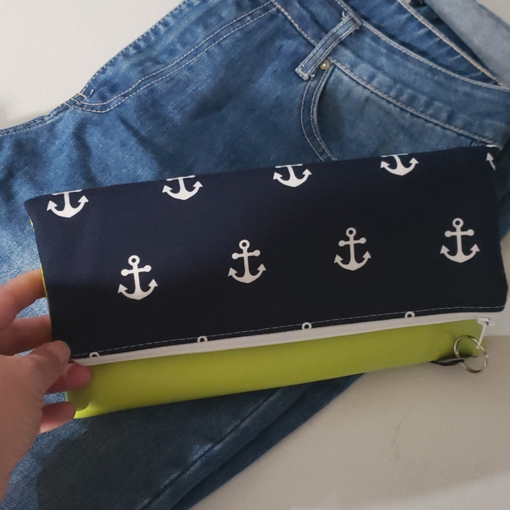 Neon and navy clutch